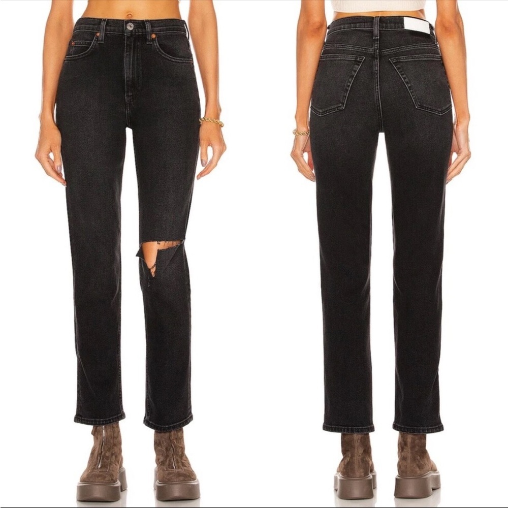 Re/Done Black Straight Leg Jeans with Distressed Knee